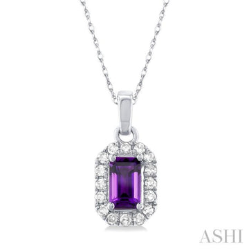 5x3 MM Octagonal Shape Amethyst and 1/20 Ctw Single Cut Diamond Halo Semi-Precious Pendant with Chain in 10K White Gold
